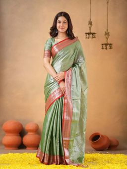 Trendmalls - Women's Green Red Rangoli Silk Woven Saree with Unstitched Blouse