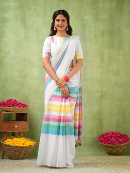 Trendmalls - Women's White Rangoli Silk Heavy Embroidered Saree with Unstitched Blouse