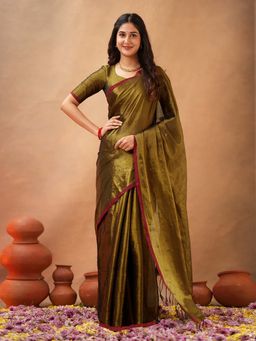 Trendmalls - Women's Olive Rangoli Silk Woven Saree with Unstitched Blouse