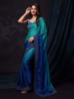 Trendmalls - Navy Blue Women's Rangoli Silk Heavy Embroidered Saree with Unstitched Blouse