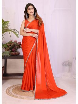 FABMORA - Orange Women Embellished Georgette Bollywood Saree with Unstitched Blouse