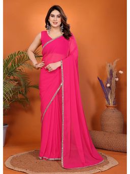 FABMORA - Women Dark Pink Embellished Georgette Bollywood Saree with Unstitched Blouse
