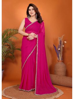 FABMORA - Women Magenta Embellished Georgette Bollywood Saree with Unstitched Blouse