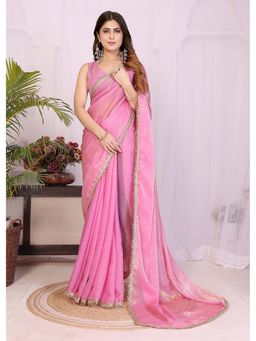 FABMORA - Pink Women Embellished Tissue Bollywood Saree with Unstitched Blouse