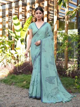 Tikhi Imli - Aqua Muga Cotton Saree with Tassles On Pallu with Unstitched Blouse