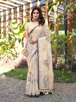 Tikhi Imli - Beige Muga Cotton Saree with Tassles On Pallu with Unstitched Blouse