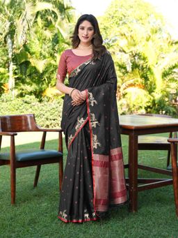 Tikhi Imli - Black And Red Raw Silk Saree with Tassles On Pallu with Unstitched Blouse