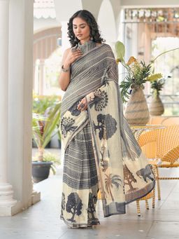Tikhi Imli - Ready To Wear Grey Poly Cotton Digital Printed Saree with Unstitched Blouse