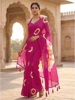 Tikhi Imli - Ready To Wear Pink & Yellow Jaipuri Shibori Printed Cotton Saree with Unstitched Blouse