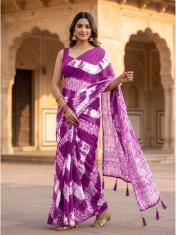Tikhi Imli - Ready To Wear Magenta Jaipuri Shibori Printed Cotton Saree with Unstitched Blouse