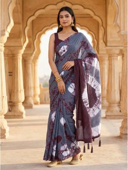 Tikhi Imli - Ready To Wear Brown & Grey Jaipuri Shibori Printed Cotton Saree with Unstitched Blouse