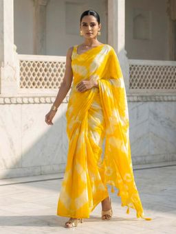 Tikhi Imli - Easy To Wear Yellow Shibori Print Pure Jaipuri Cotton Saree with Unstitched Blouse