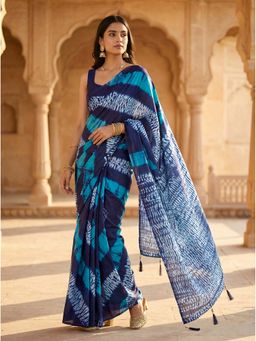 Tikhi Imli - Ready To Wear Blue Jaipuri Shibori Printed Cotton Saree with Unstitched Blouse