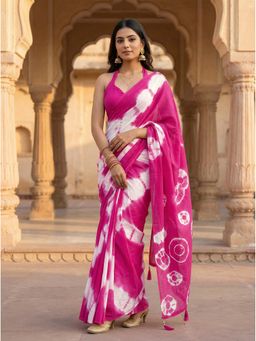 Tikhi Imli - Ready To Wear Pink Jaipuri Shibori Printed Cotton Saree with Unstitched Blouse