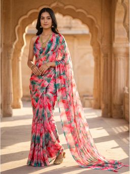 Tikhi Imli - Multi-Color Ready To Wear Green And Red Poly Georgette Saree with Unstitched Blouse