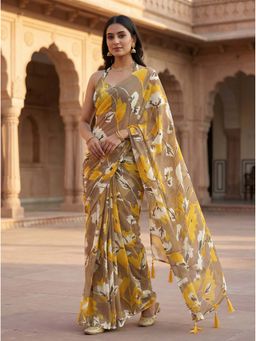 Tikhi Imli - Ready To Wear Brown Poly Georgette Saree with Unstitched Blouse