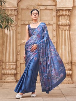 Tikhi Imli - Blue Satin Digital Printed Denim Textured Designer Saree with Unstitched Blouse