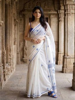 Anjaneya Sarees - White Designer Linen Printed Saree with Unstitched Blouse