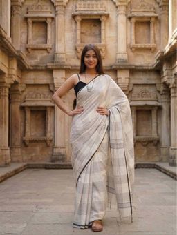 Anjaneya Sarees - Off White Designer Linen Printed Saree with Unstitched Blouse