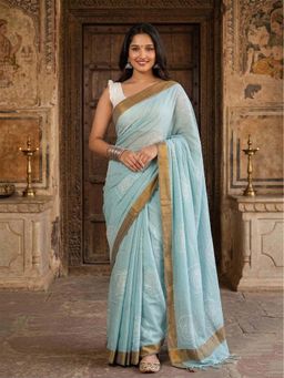 Anjaneya Sarees - Blue Designer Linen Printed Saree with Unstitched Blouse