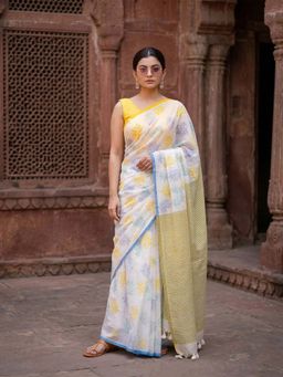 Anjaneya Sarees - White Designer Linen Printed Saree with Unstitched Blouse
