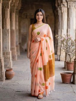 Anjaneya Sarees - Peach Designer Linen Printed Saree with Unstitched Blouse