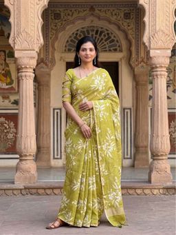 Anjaneya Sarees - Green Designer Linen Printed Saree with Unstitched Blouse