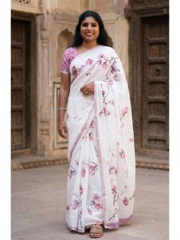 Anjaneya Sarees - White Designer Linen Printed Saree with Unstitched Blouse