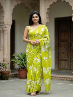 Anjaneya Sarees - Green Designer Linen Printed Saree with Unstitched Blouse