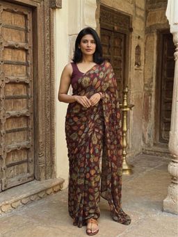 Anjaneya Sarees - Brown Designer Linen Printed Saree with Unstitched Blouse