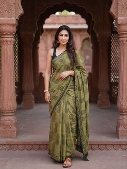 Anjaneya Sarees - Green Designer Linen Printed Saree with Unstitched Blouse