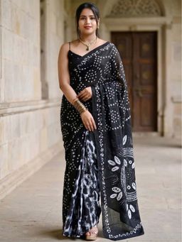 Anjaneya Sarees - Black Designer Linen Printed Saree with Unstitched Blouse
