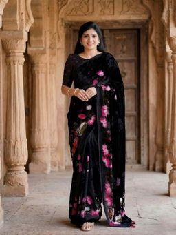 Anjaneya Sarees - Black Designer Linen Printed Saree with Unstitched Blouse