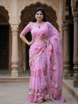 Anjaneya Sarees - Pink Designer Linen Printed Saree with Unstitched Blouse