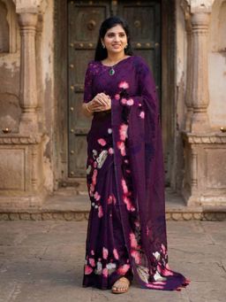 Anjaneya Sarees - Purple Designer Linen Printed Saree with Unstitched Blouse
