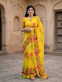 Anjaneya Sarees - Yellow Designer Linen Printed Saree with Unstitched Blouse