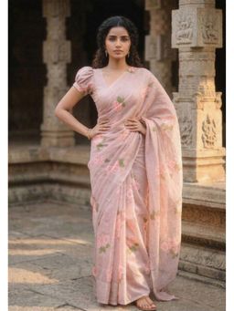Anjaneya Sarees - Peach Designer Linen Printed Saree with Unstitched Blouse