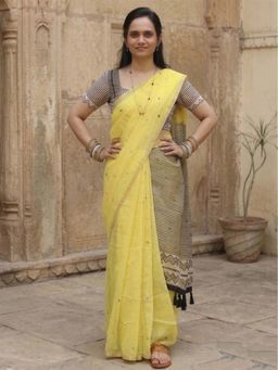 Anjaneya Sarees - Yellow Designer Linen Printed Saree with Unstitched Blouse