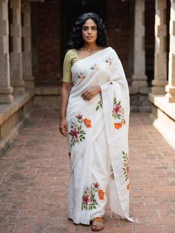 Anjaneya Sarees - White Designer Linen Printed Saree with Unstitched Blouse