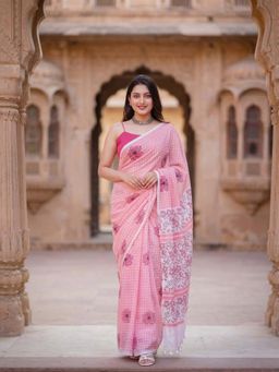 Anjaneya Sarees - Pink Designer Linen Printed Saree with Unstitched Blouse