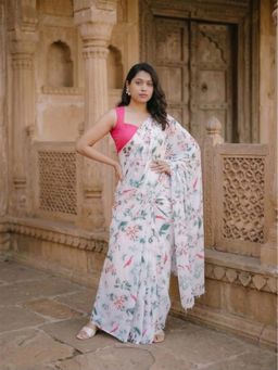 Anjaneya Sarees - White Designer Linen Printed Saree with Unstitched Blouse