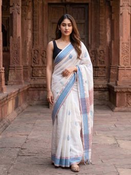 Anjaneya Sarees - White Designer Linen Printed Saree with Unstitched Blouse