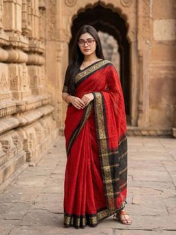Anjaneya Sarees - Red Designer Linen Printed Saree with Unstitched Blouse