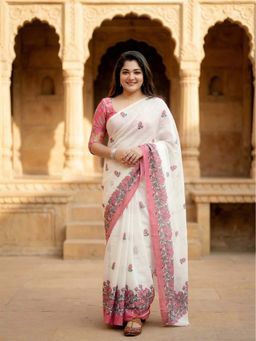 Anjaneya Sarees - White Designer Linen Printed Saree with Unstitched Blouse
