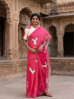 Anjaneya Sarees - Pink Designer Linen Printed Saree with Unstitched Blouse