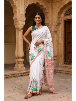 Anjaneya Sarees - White Designer Linen Printed Saree with Unstitched Blouse