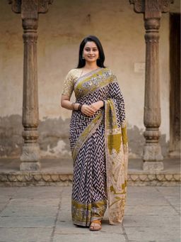Anjaneya Sarees - Blue Designer Linen Printed Saree with Unstitched Blouse