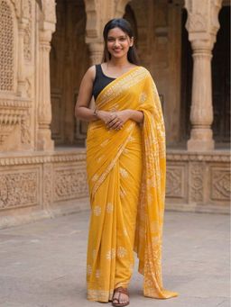 Anjaneya Sarees - Yellow Designer Linen Printed Saree with Unstitched Blouse