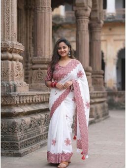Anjaneya Sarees - White Designer Linen Printed Saree with Unstitched Blouse