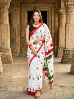 Anjaneya Sarees - White Designer Linen Printed Saree with Unstitched Blouse